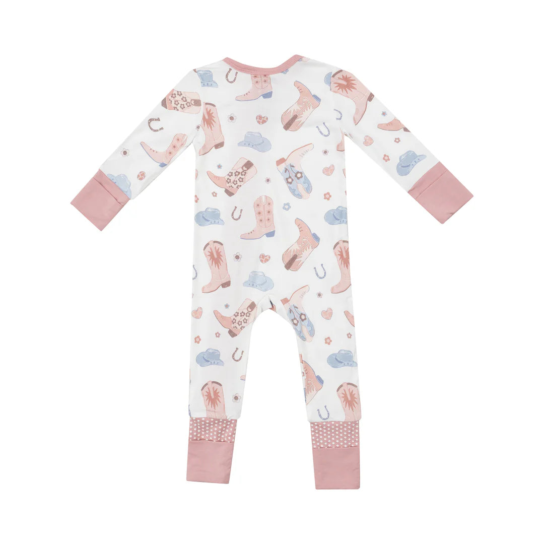 2 Way Zipper Romper - Cowboy Boots Pink
