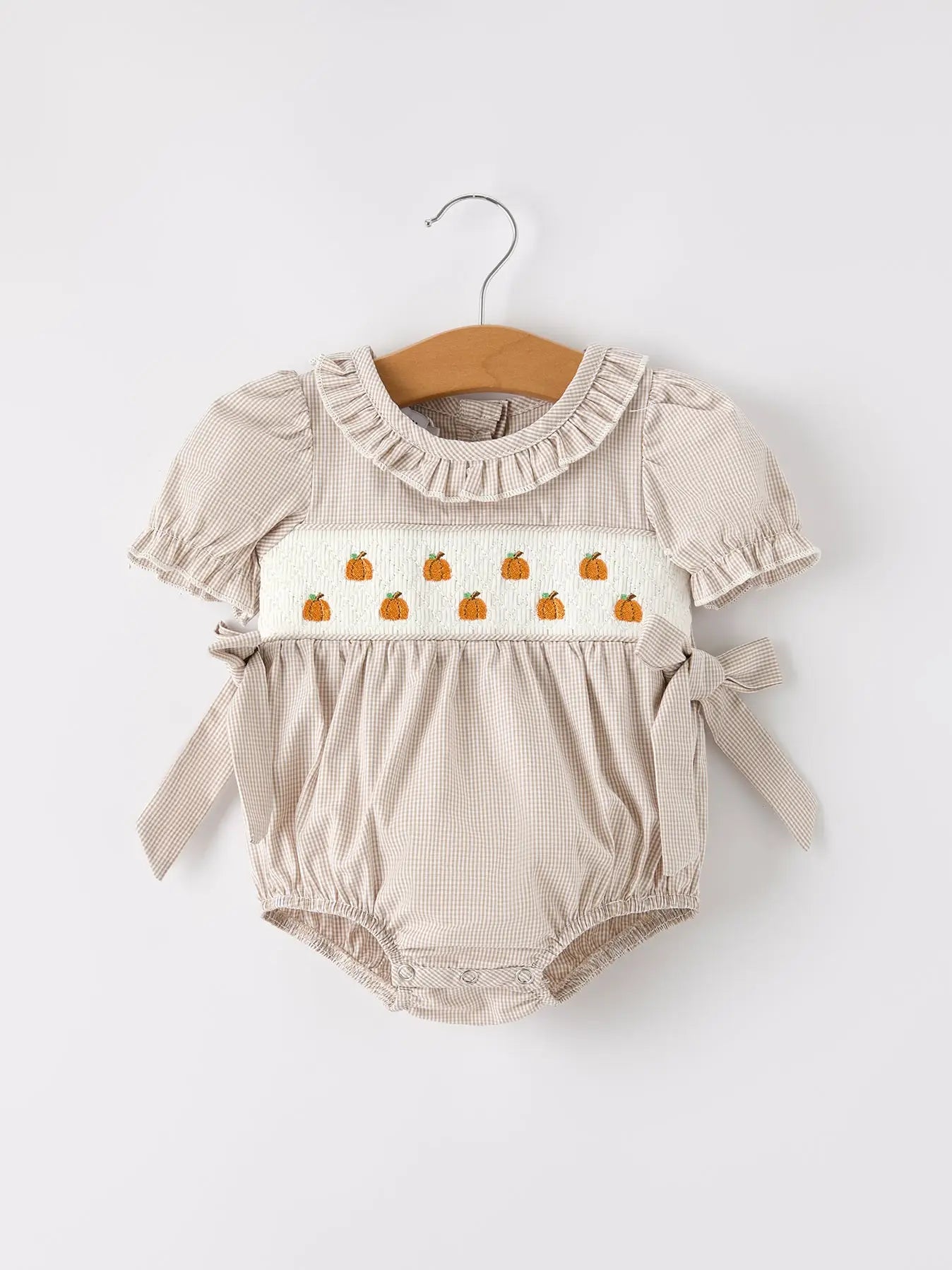 Pumpkin Embroidery Smock Plaid Romper