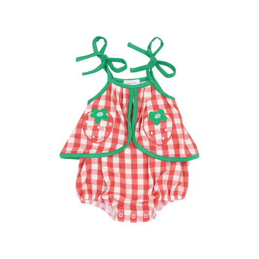Strawberry Gingham Swing Front Sunsuit w/ Applique