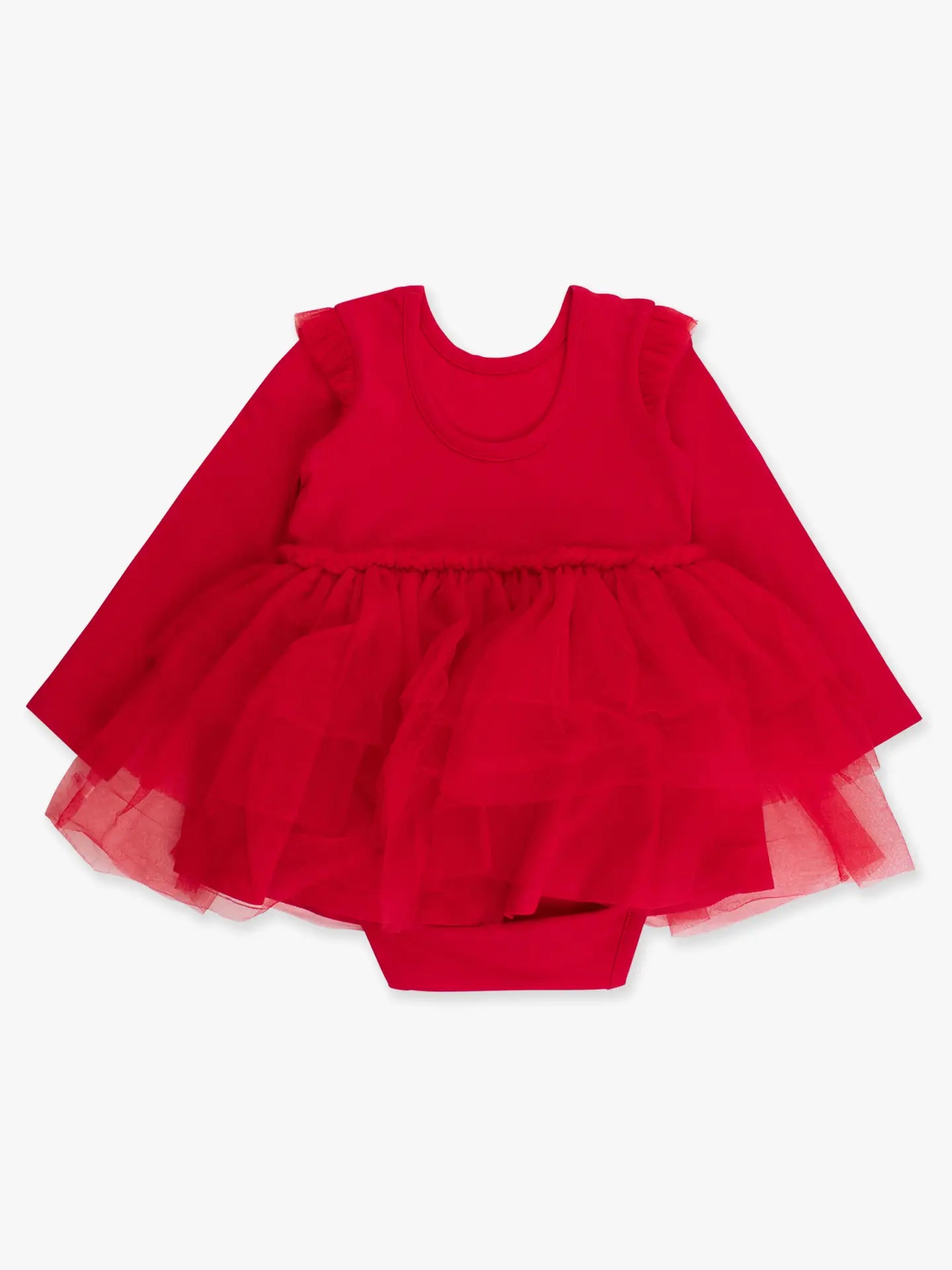 Red Flutter Tulle Long Sleeve Twirl Romper