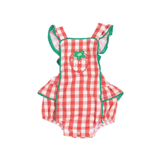 Strawberry Gingham Ric-Rac Ruffle Sunsuit