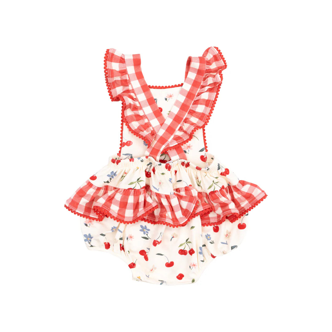 Watercolor Cherries + Gingham Ric-Rac Ruffle Sunsuit