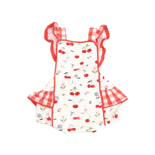Watercolor Cherries + Gingham Ric-Rac Ruffle Sunsuit