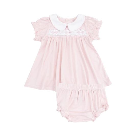 Classic Pink Smocked Peterpan Collar Dress + Ruffle Leg Bloomer