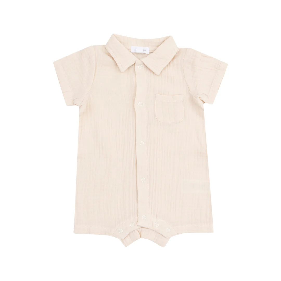 Button Down Polo Shortie - Muslin White Swan