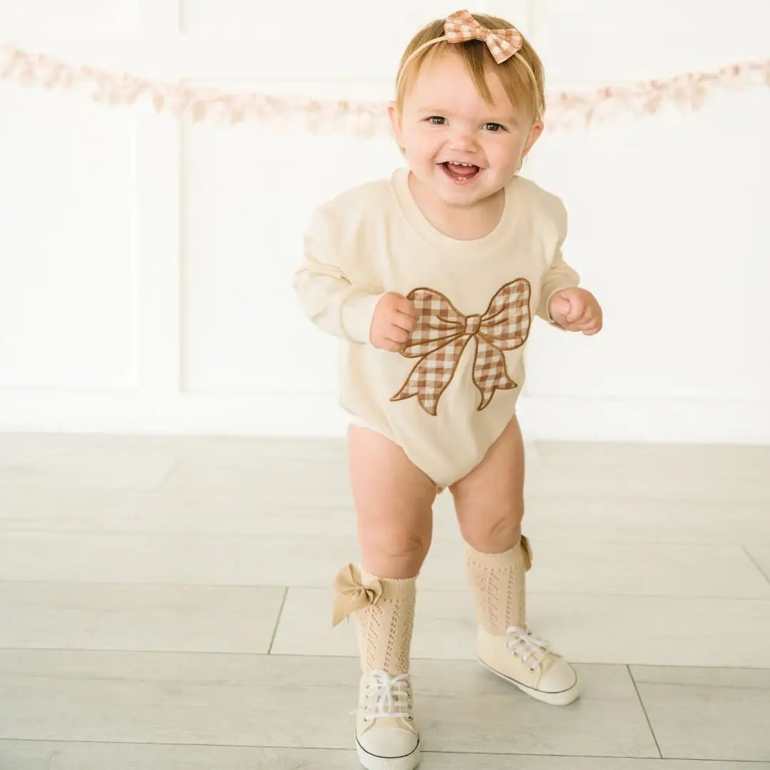 Gingham Bow Patch Long Sleeve Romper