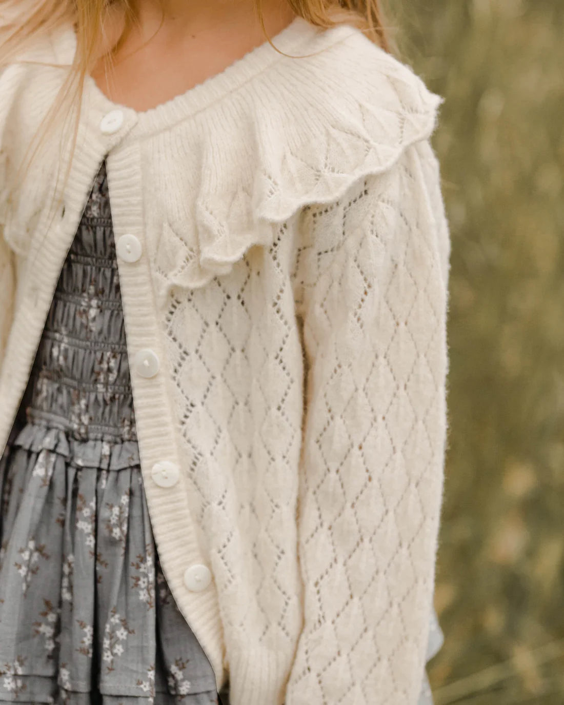 RUFFLE CARDIGAN SWEATER || ECRU