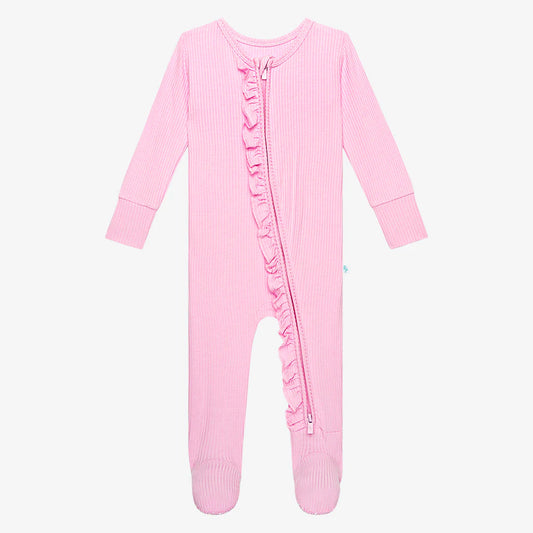Solid Ribbed Ruffled Zippered Footie - Posh Pink
