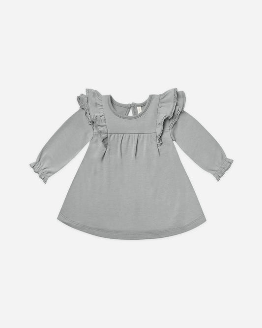 Long Sleeve Flutter Dress || Dusty Blue