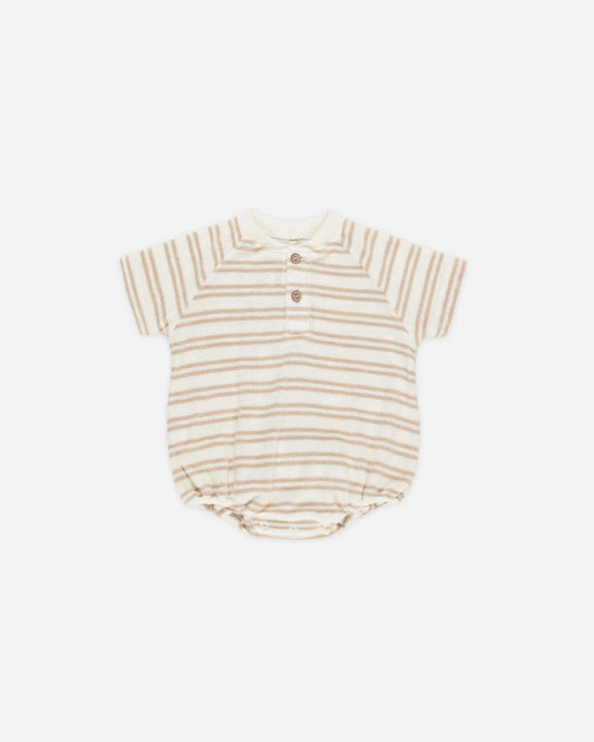 Terry Henley Romper || Oat Stripe