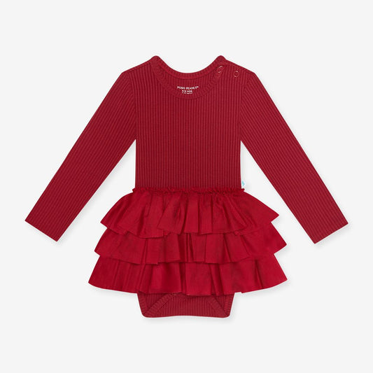 Long Sleeve Tulle Skirt Bodysuit  - Dark Red Rib