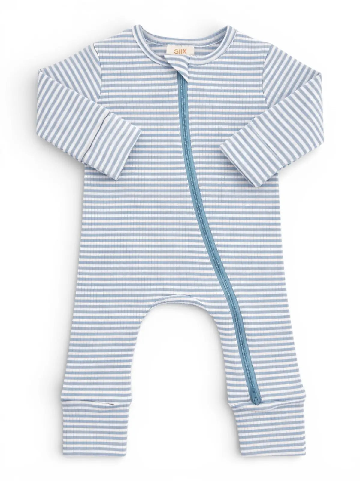 Ribbed 2-Way Zip Romper - Dusty Blue Stripe