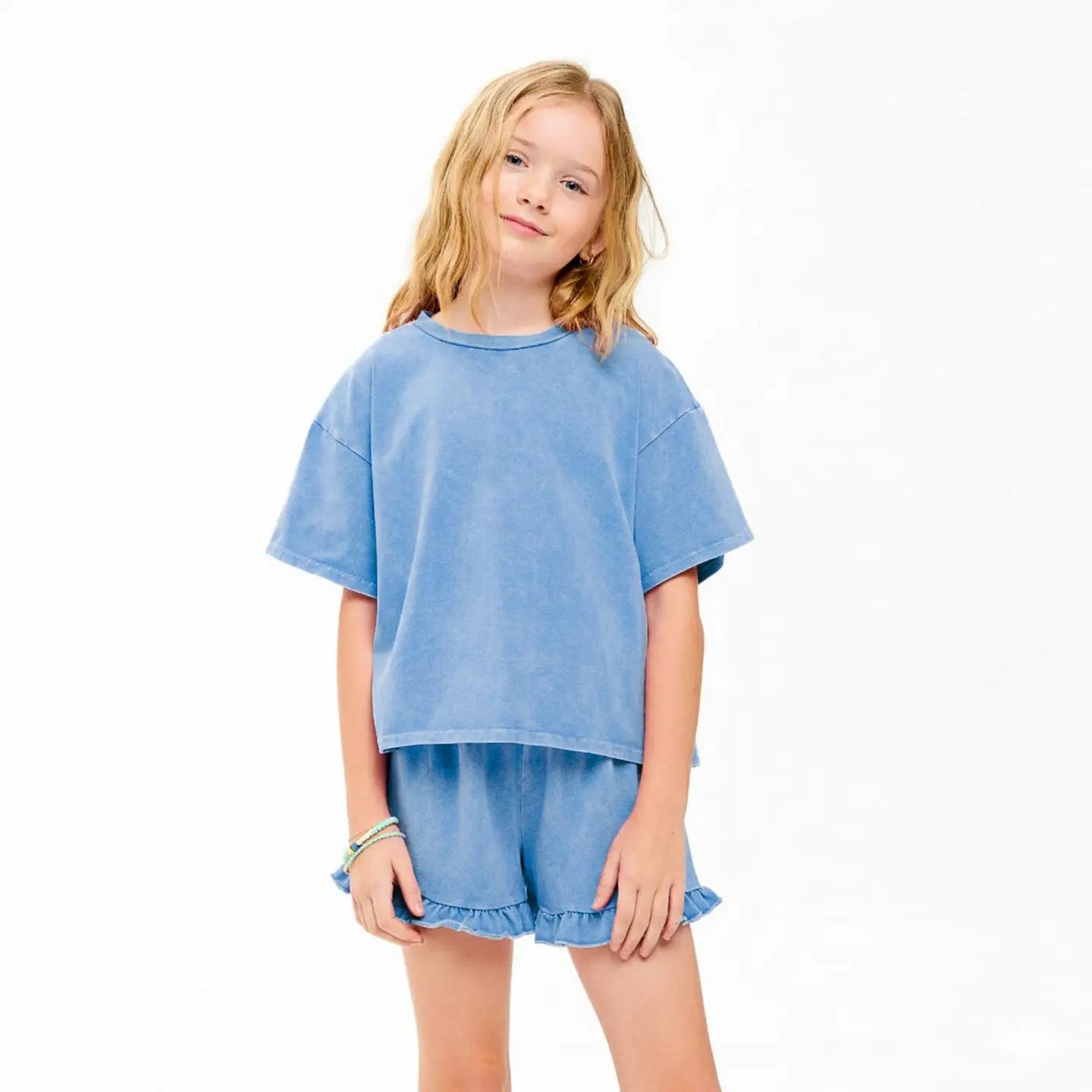 Mineral Washed Top and Shorts Set - Denim Blue