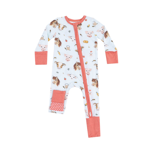 2 Way Zipper Romper - Blue Vintage Animals Faces