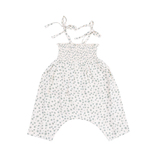 Jadeite Simple Floral Tie Strap Smocked Romper