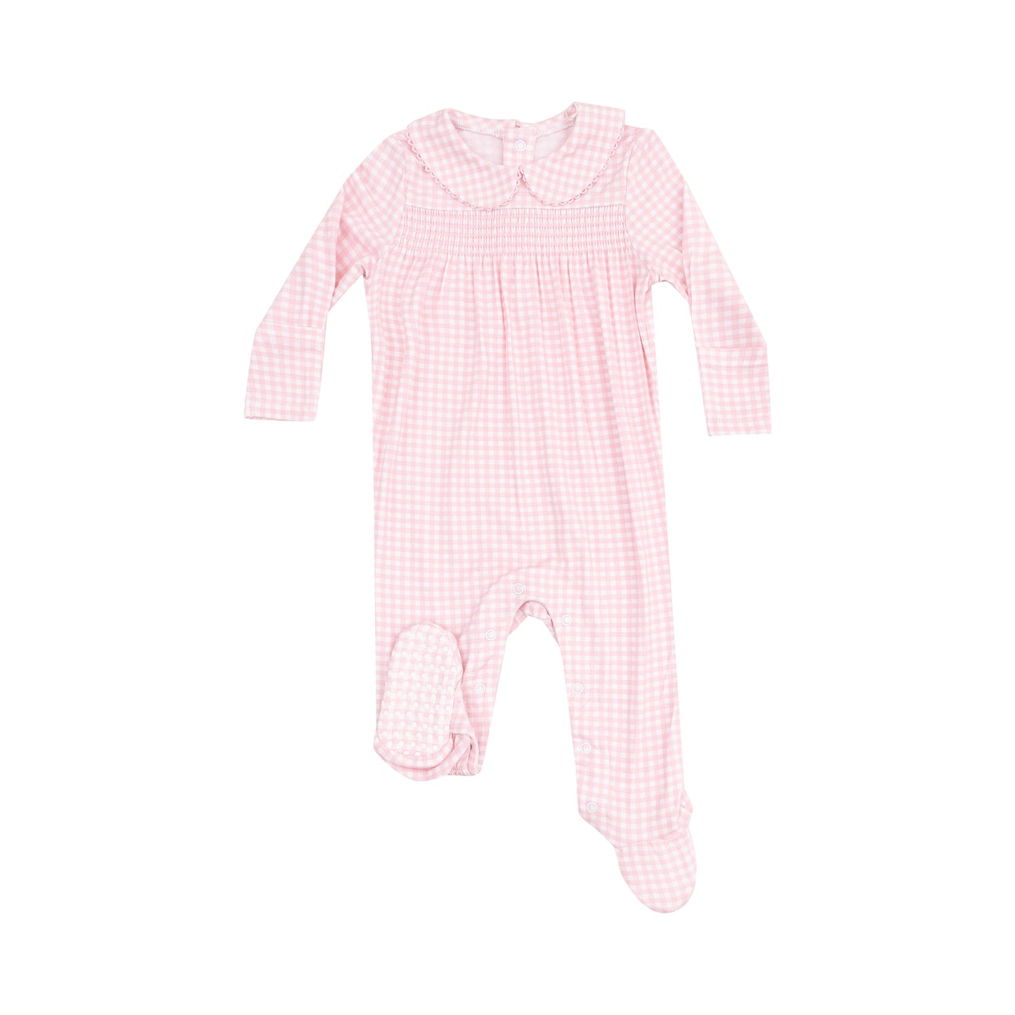 Mini Gingham Smocked Peter Pan Snap Footie - Pink