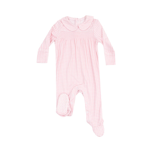 Mini Gingham Smocked Peter Pan Snap Footie - Pink