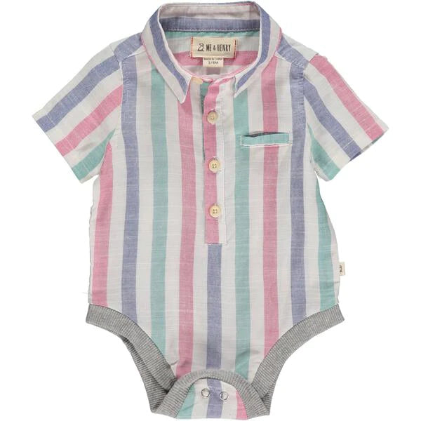 Green/blue Striped Short Sleeve Woven Onesie