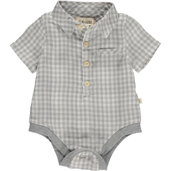 Grey Plaid Gauze Short Sleeve Woven Onesie