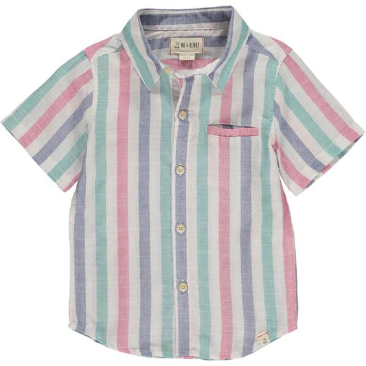 Green/Blue/Red Stripe Short Sleeve Button Up Shirt