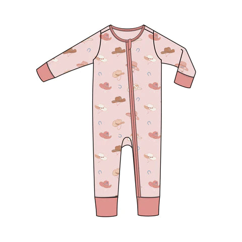 2 Way Zipper Romper - Cowboy Hats Pink