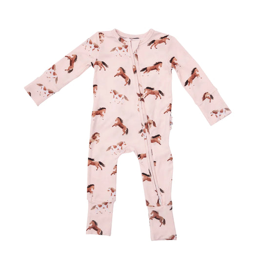 2 Way Ruffle Zipper Romper - Pink Horses