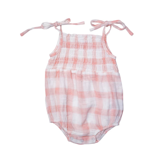 Tie Strap Smocked Bubble - Pink Painted Gingham