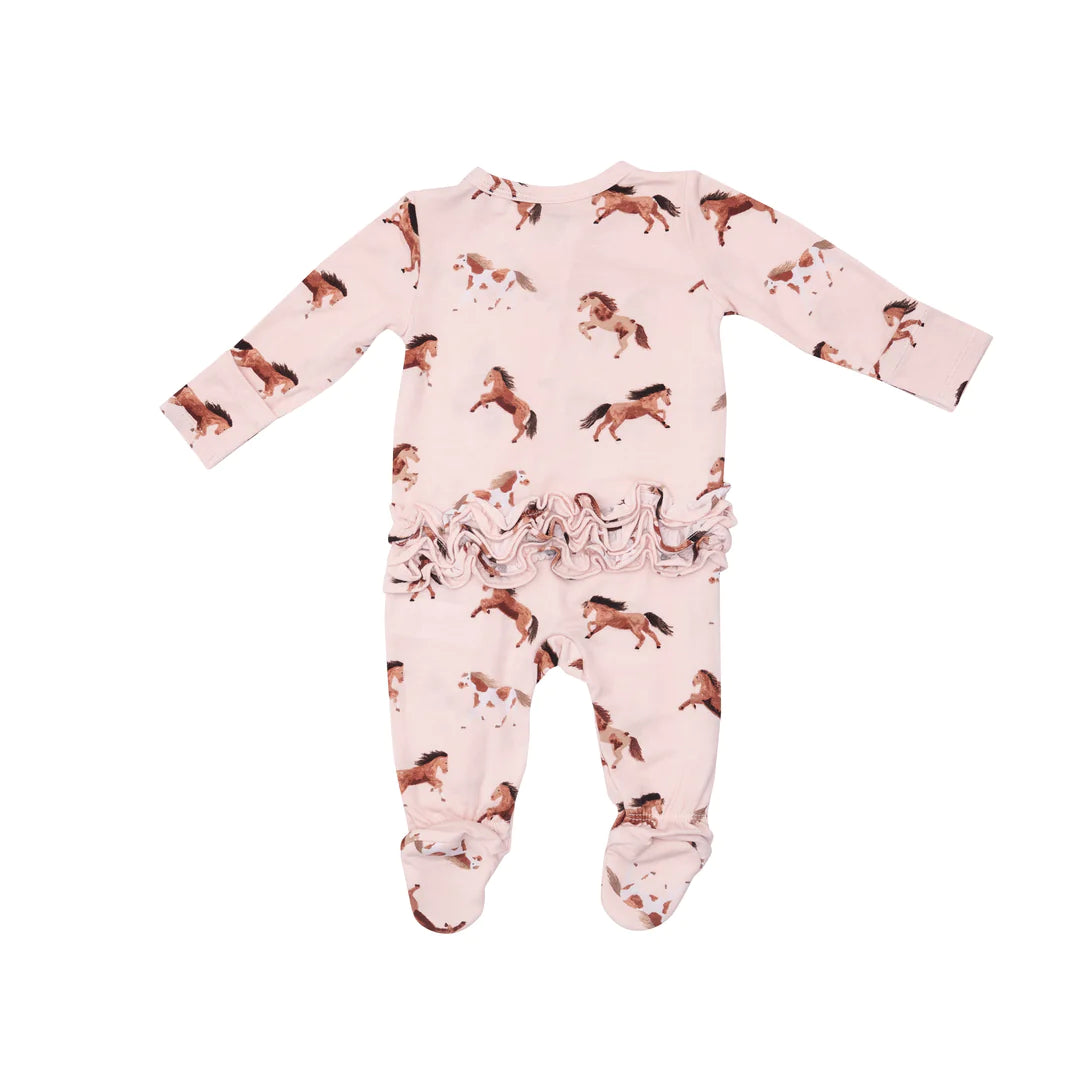 2 Way Ruffle Zipper Footie - Pink Horses