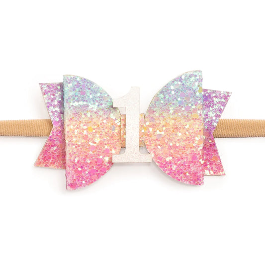 1st Birthday Pastel  Rainbow Bow Soft Headband
