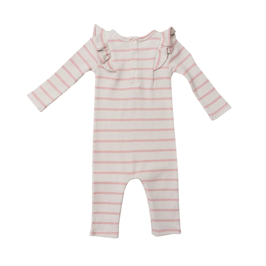 Thermal Ruffle Romper - Long Sleeve - French Stripe Silver Pink & White