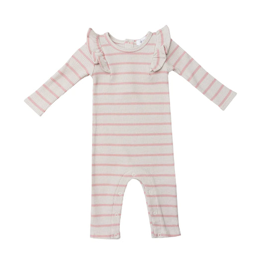 Thermal Ruffle Romper - Long Sleeve -  French Stripe Silver Pink & White