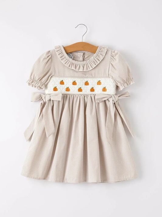 Pumpkin Embroidery Smock Plaid Dress