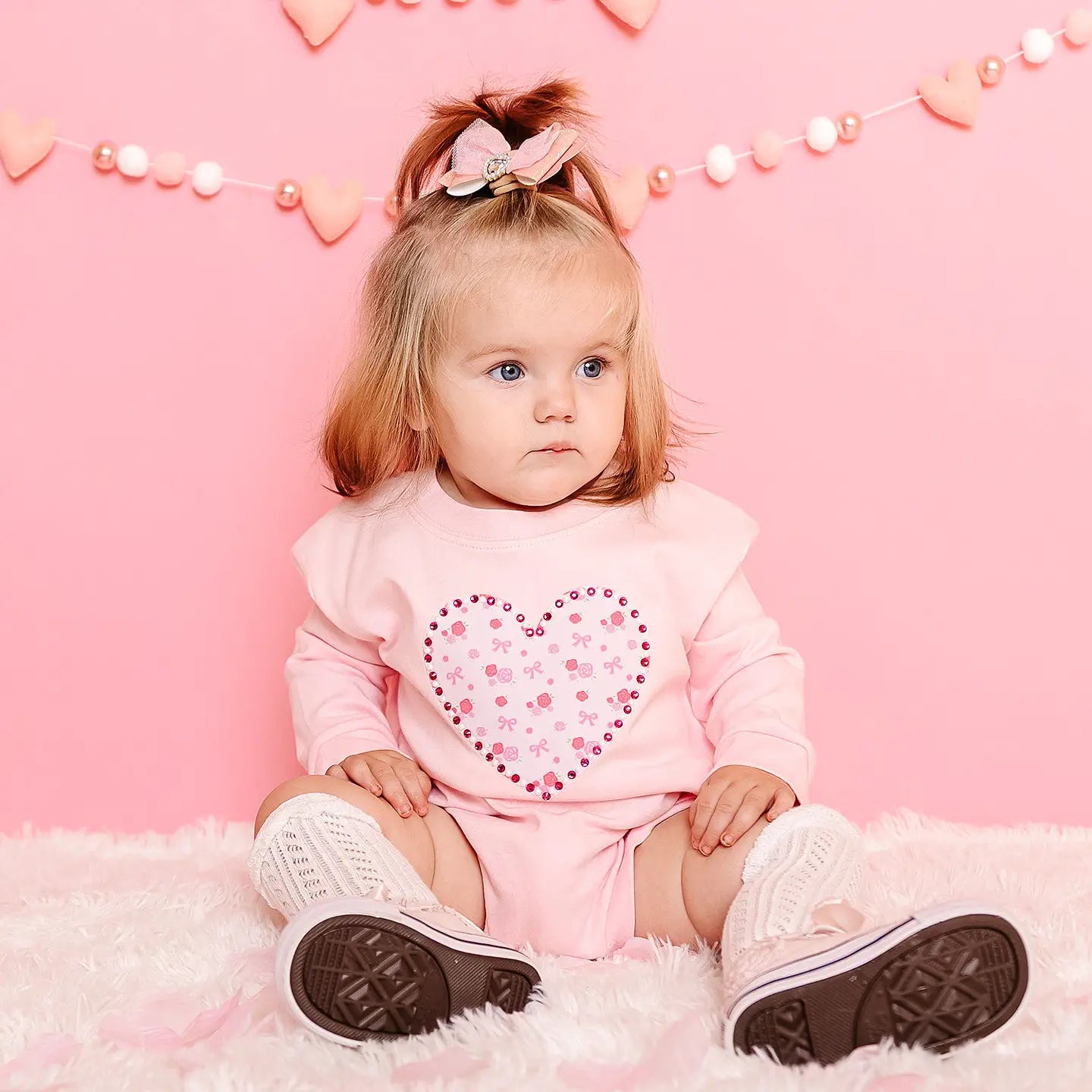 Dainty Rose Pearl Heart Patch Long Sleeve Romper