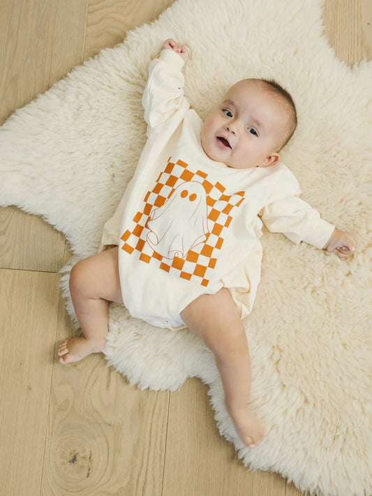Checkered Ghost Baby Sweatshirt Romper