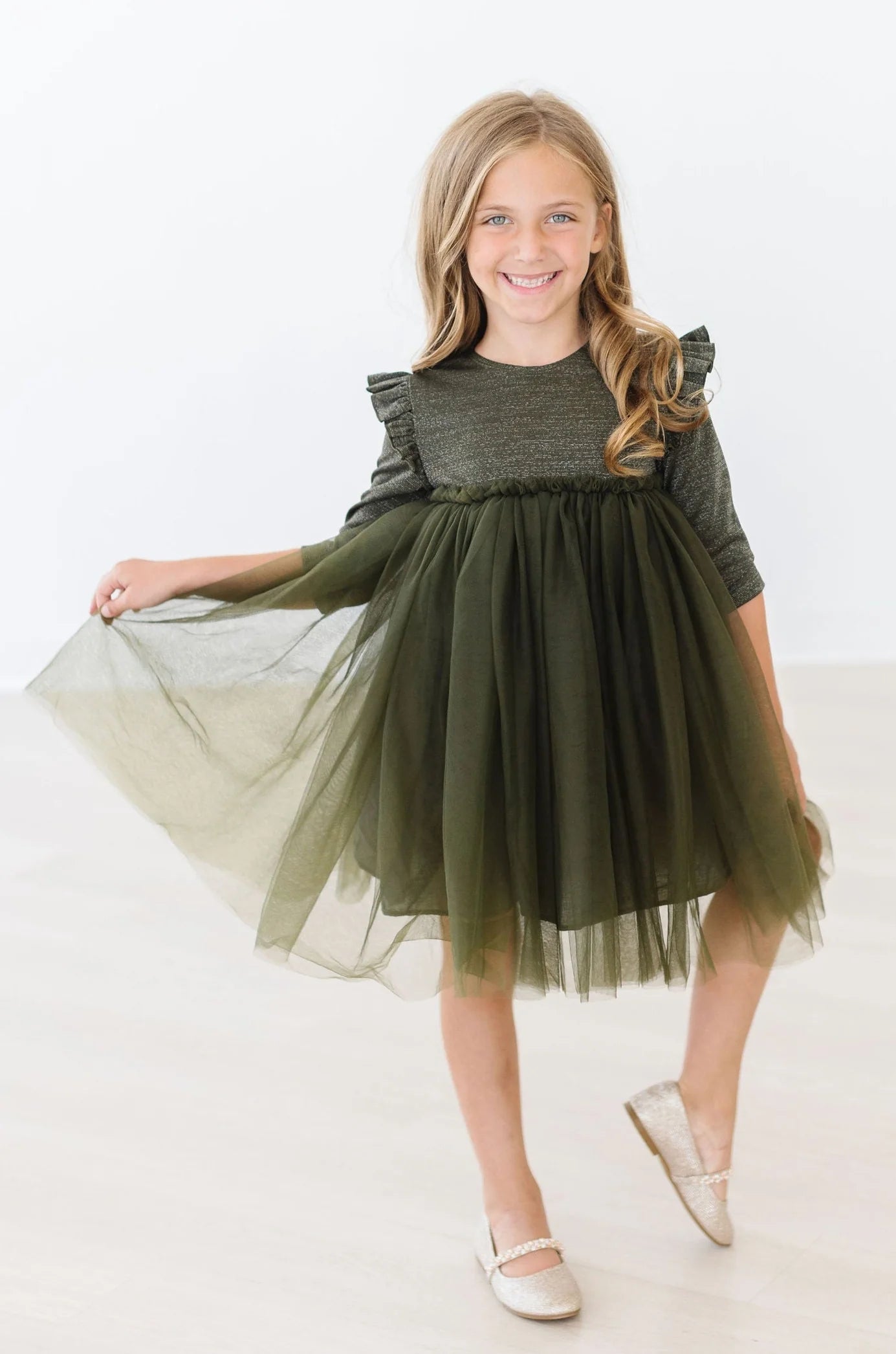 Olive Shimmer 3/4 Sleeve Tutu Dress