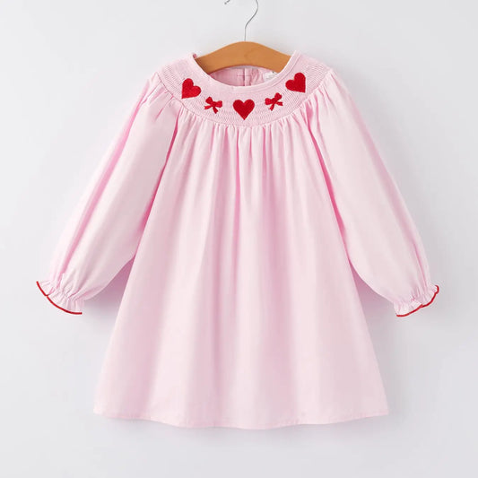 Pink Smocking Embroidery Long Sleeve Dress