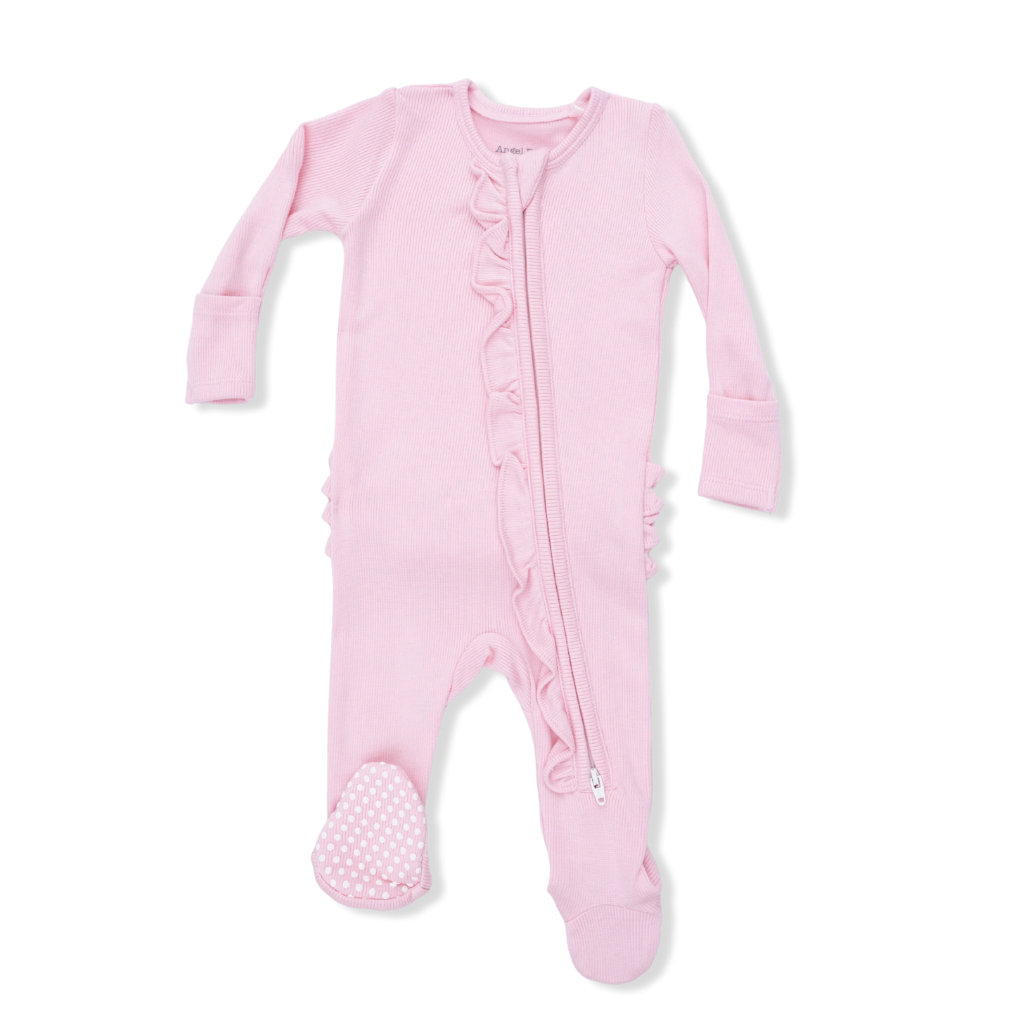 Solid Romance Rose Rib 2 Way Ruffle Front Zipper Footie