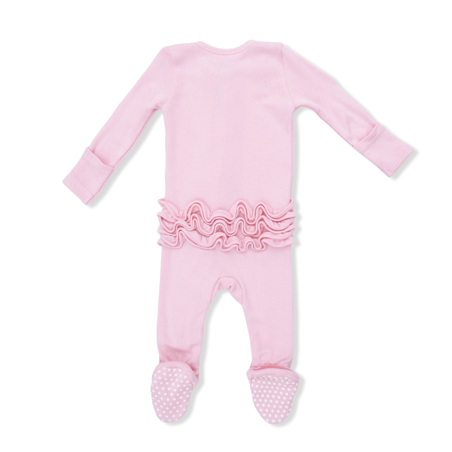 Solid Romance Rose Rib 2 Way Ruffle Front Zipper Footie