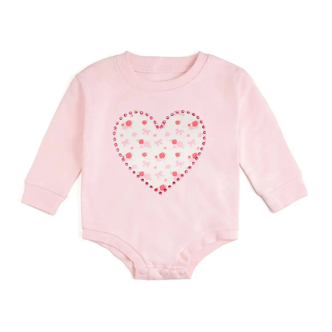 Dainty Rose Pearl Heart Patch Long Sleeve Romper