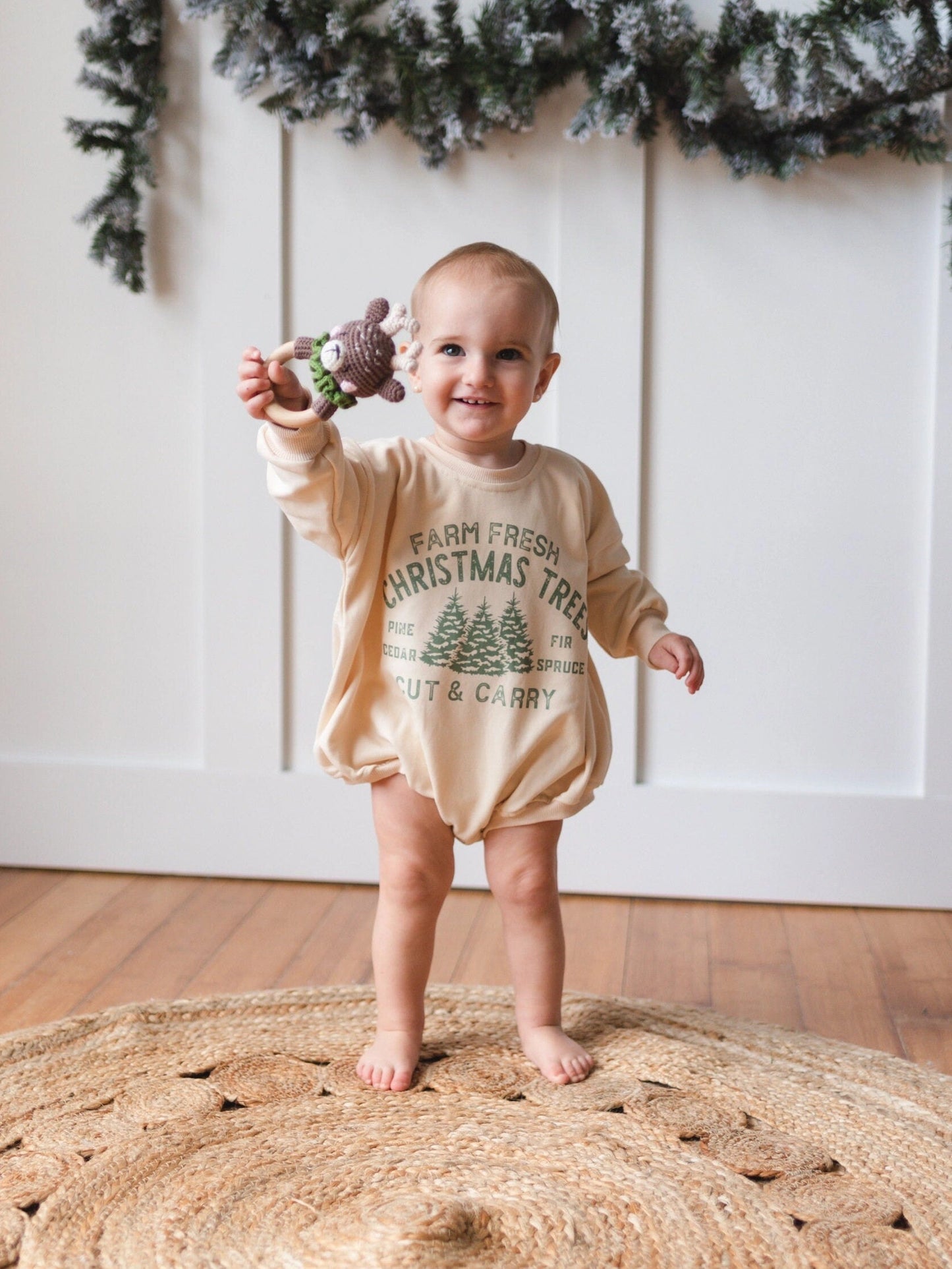 Farm Fresh Christmas Trees Oversized Sweatshirt Romper - Cream