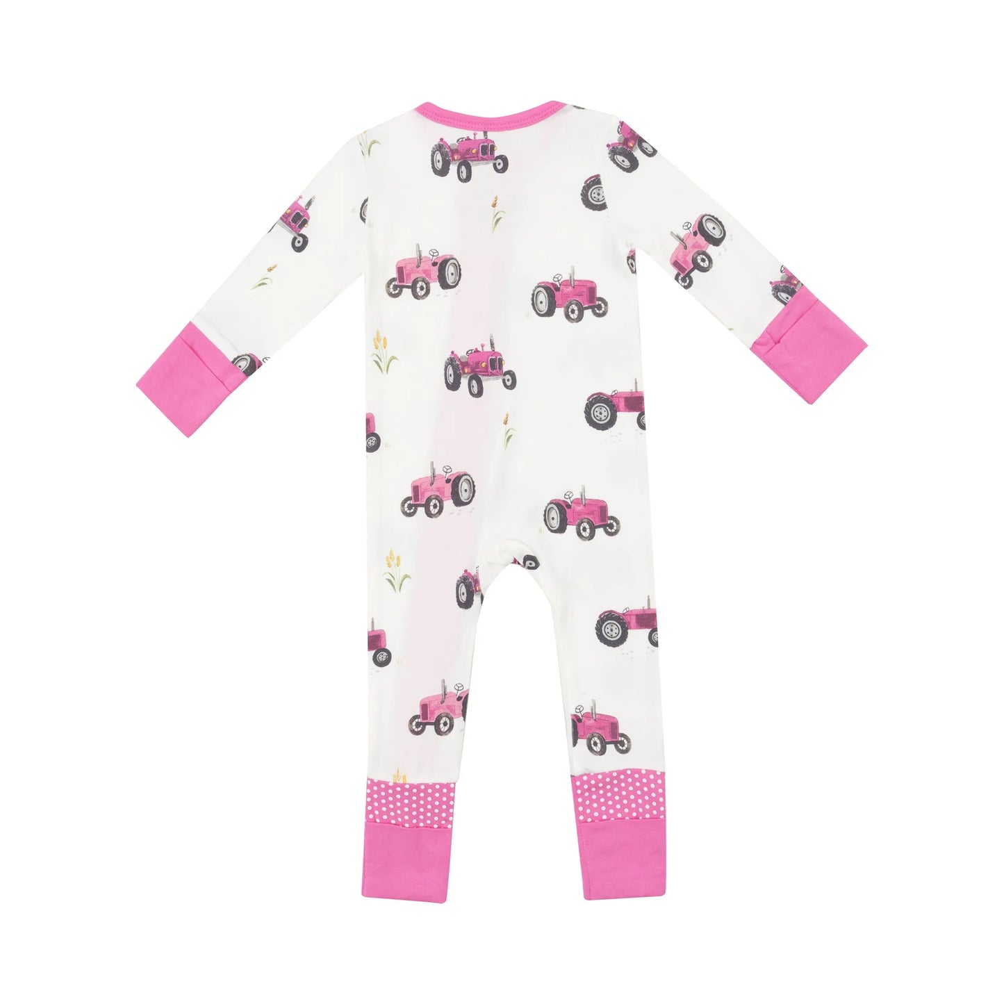 2 Way Zipper Romper - Pink Tractors