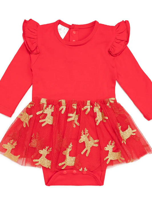 Reindeer Christmas Long Sleeve Tutu Bodysuit