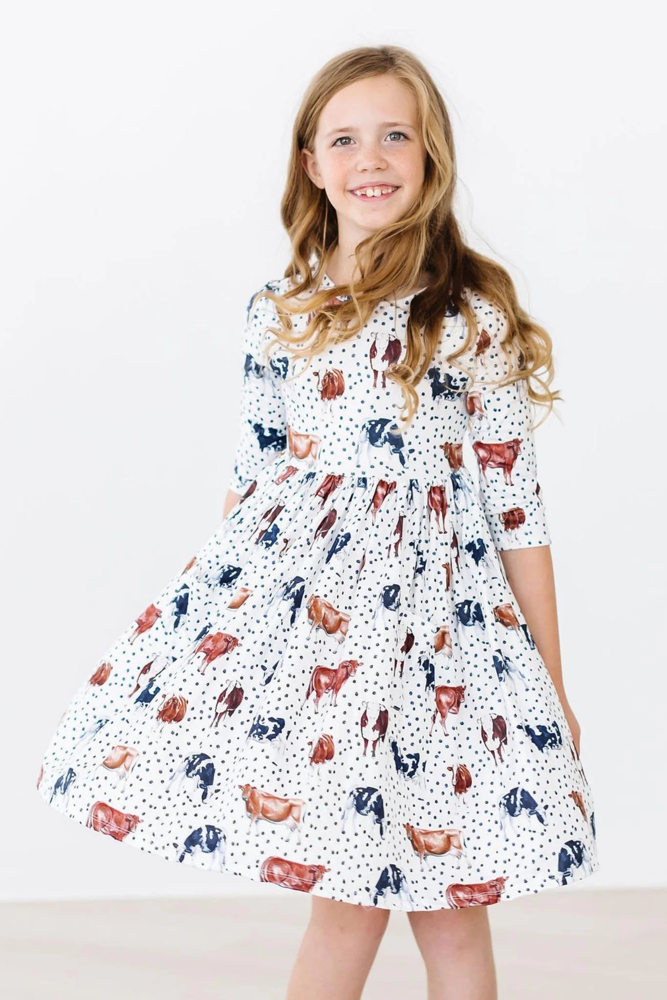 Moo Meadows 3/4 Sleeve Pocket Twirl Dress