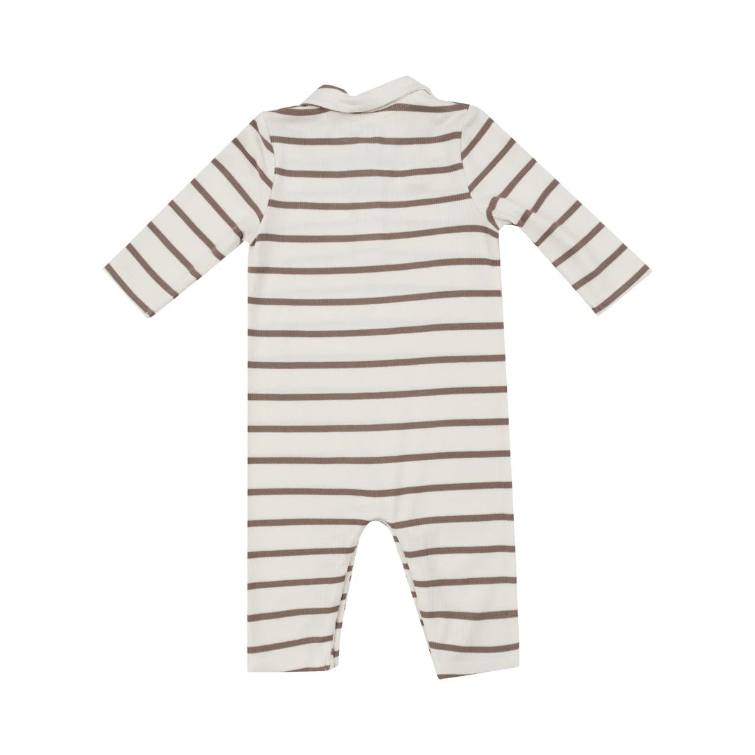 Polo Romper - Ribbed Brown Stripe