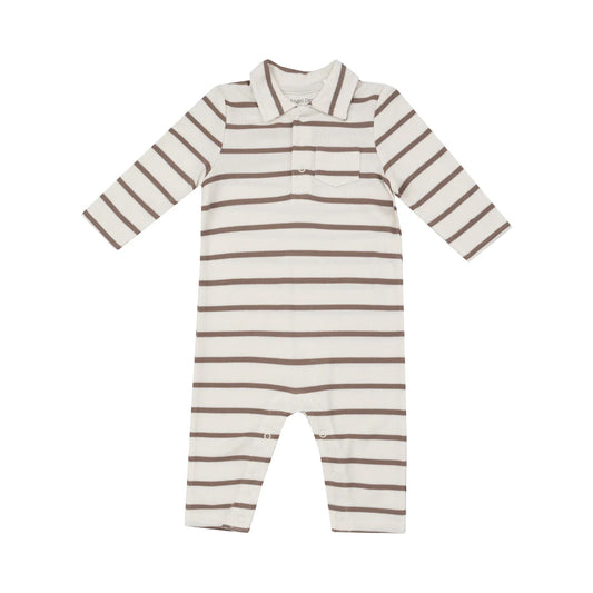 Polo Romper - Ribbed Brown Stripe