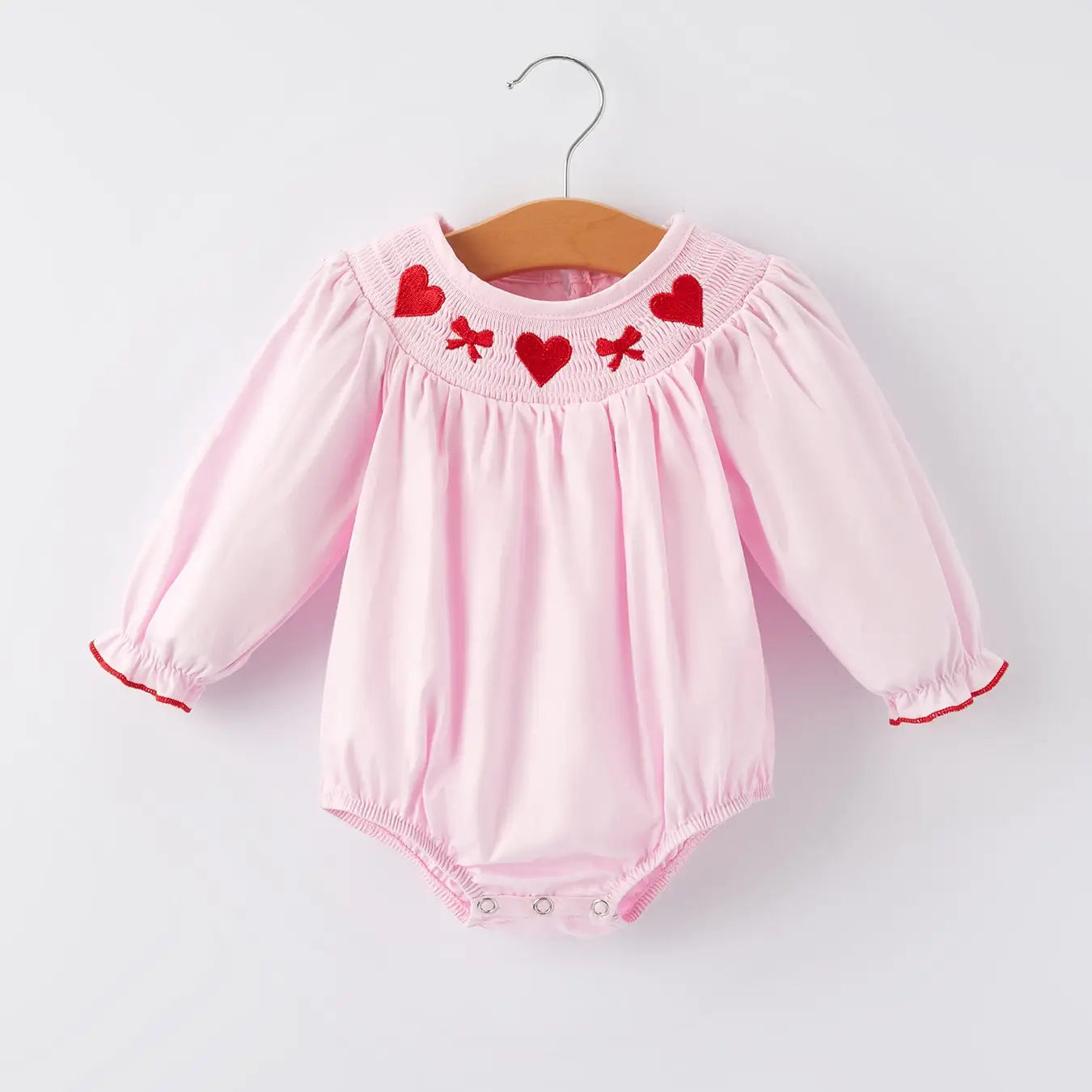 Pink Smocking Embroidery Long Sleeve Romper