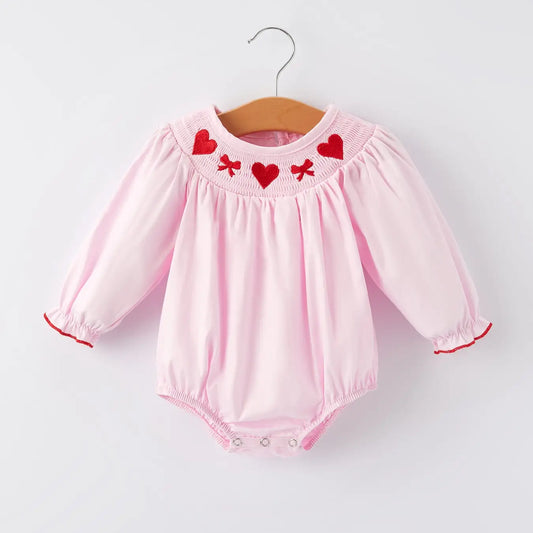 Pink Smocking Embroidery Long Sleeve Romper