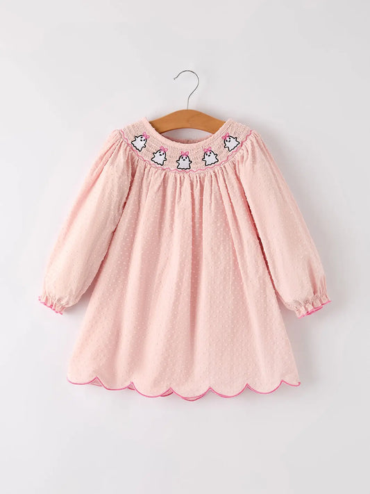 Halloween Light Pink Ghost Embroidery Smock Dress
