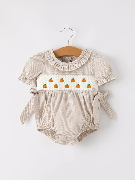 Pumpkin Embroidery Smock Plaid Romper
