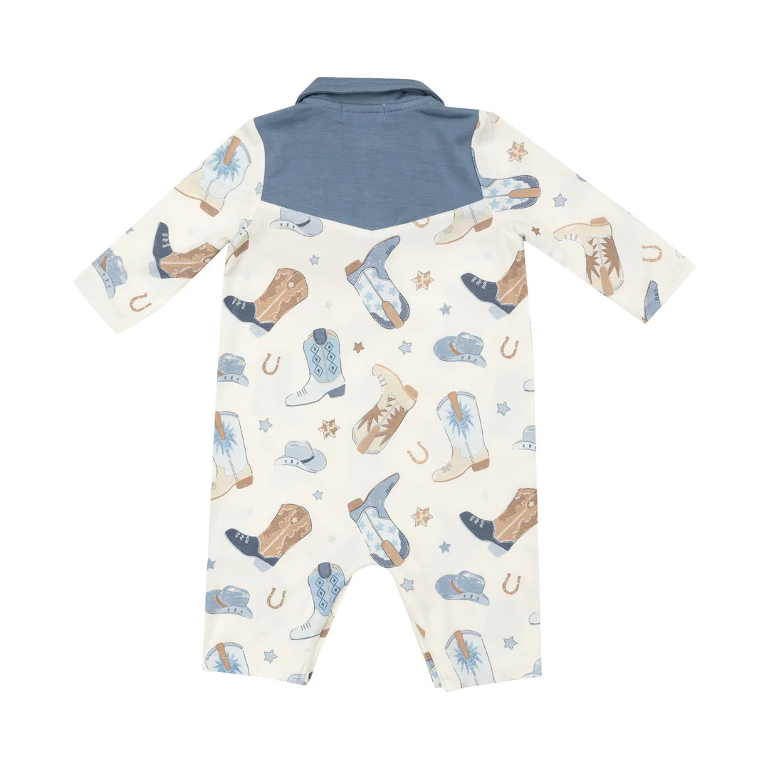 Long Sleeve CowboyRomper - Cowboy Boots Blue